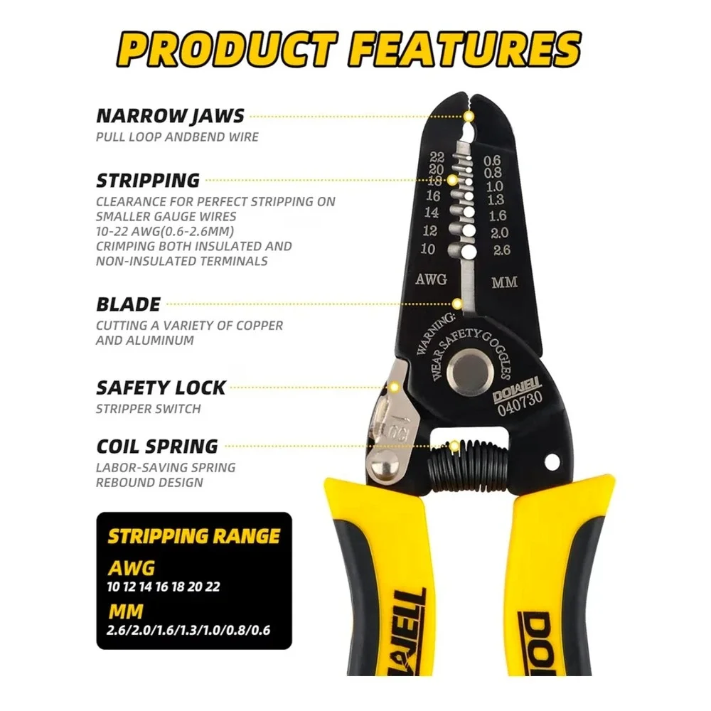DOWELL 7 Inch Wire Stripper Cutter Crimper Tool 10-22‎ AWG For Electrical Work